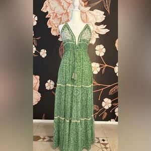 Bohemian Green Patterned Maxi Dress with Decorative Tassel Tie & Sequin Detail